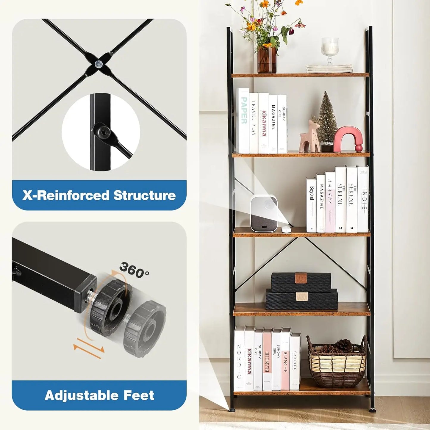 Modern Minimalist 5 Tier Bookshelf For Living Room And Office