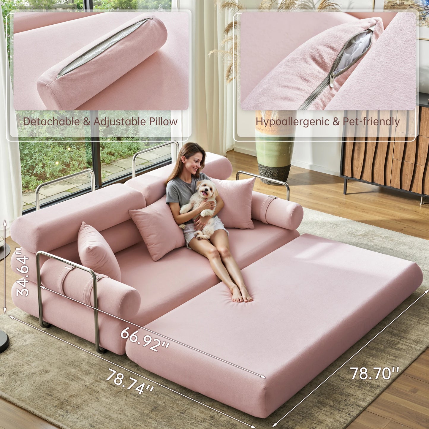 Convertible Sleeper Sofa Floor Folding Bed With Rounded Arm Supports