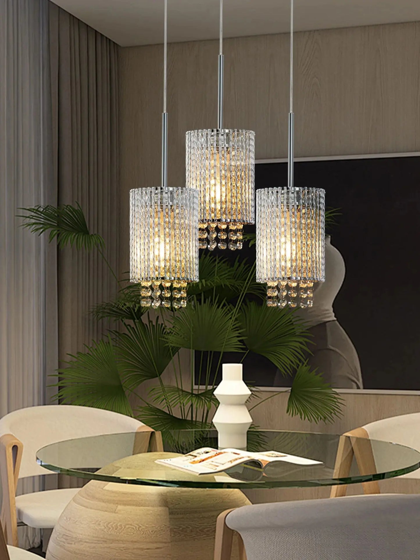 ARLGSITE Luxury Modern Crystal Pendant Light 3-Pack Adjustable Chrome Hanging Ceiling Fixture with Clear Beads, Elegant Design