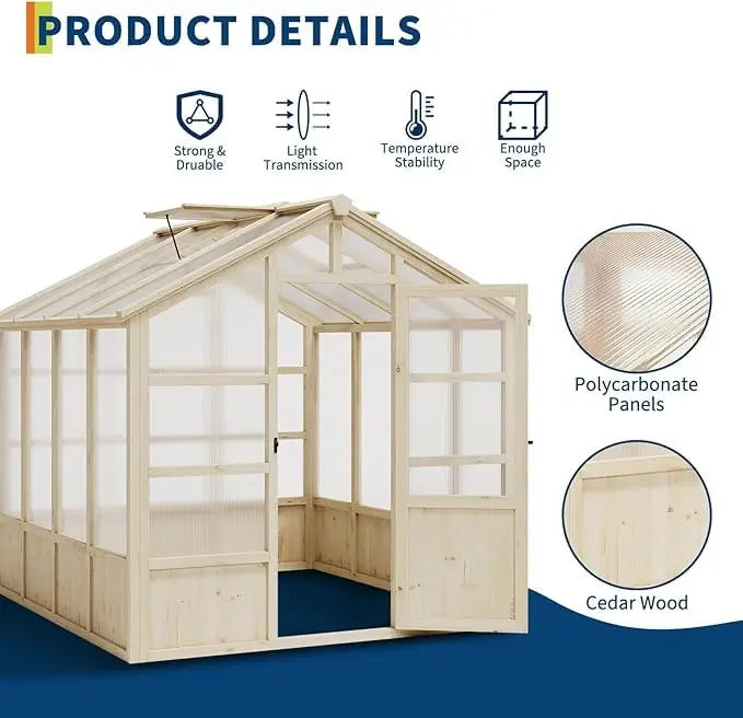 Outdoor Greenhouse,Heavy Duty Wooden Greenhouse with Polycarbonate Panels & Lockable Door - Sturdy Wood Frame Garden Green House
