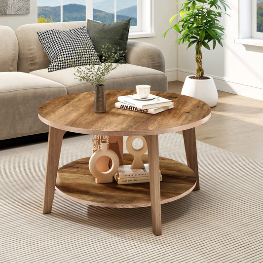 JHK Wood Round Coffee Table With Storage TwoTier Modern Design