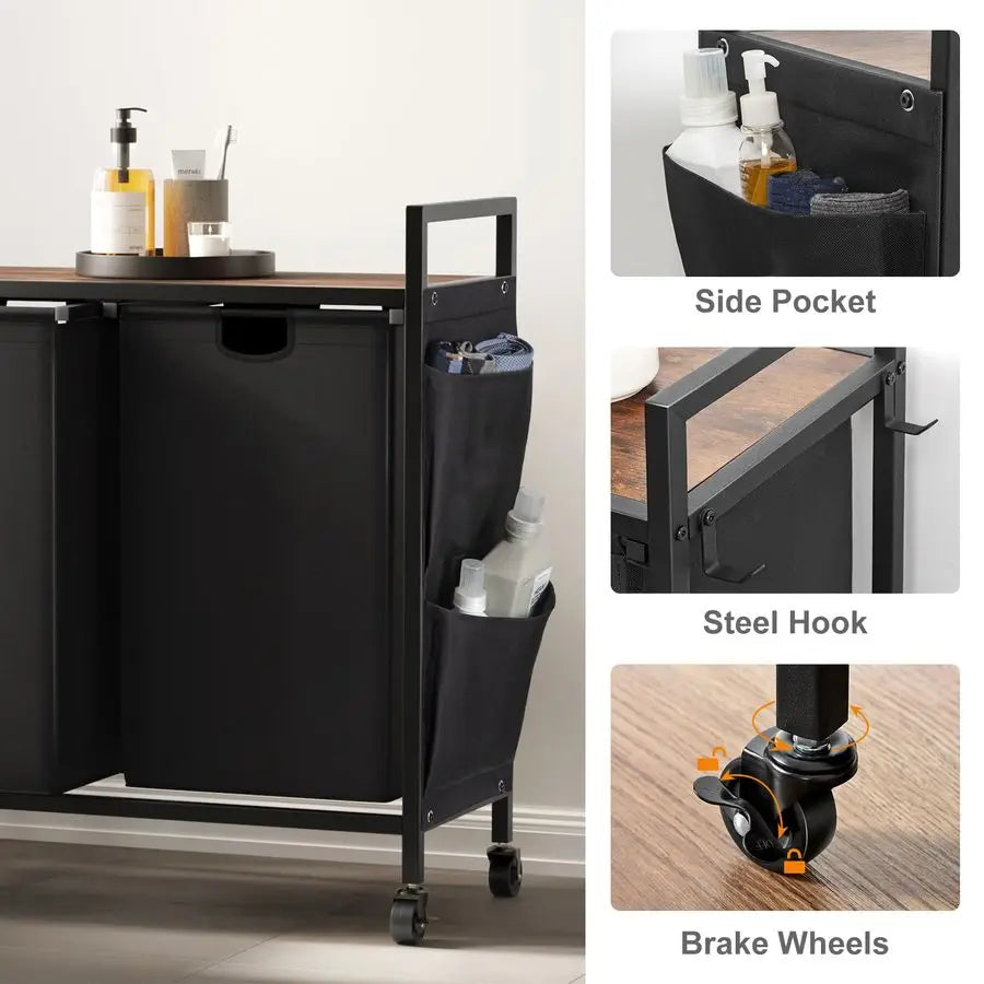 Double Laundry Hamper with Lid,Rolling Laundry Basket Organizer with Wheels, IronMade Laundry Sorter with Top Shelf and 2 Remova