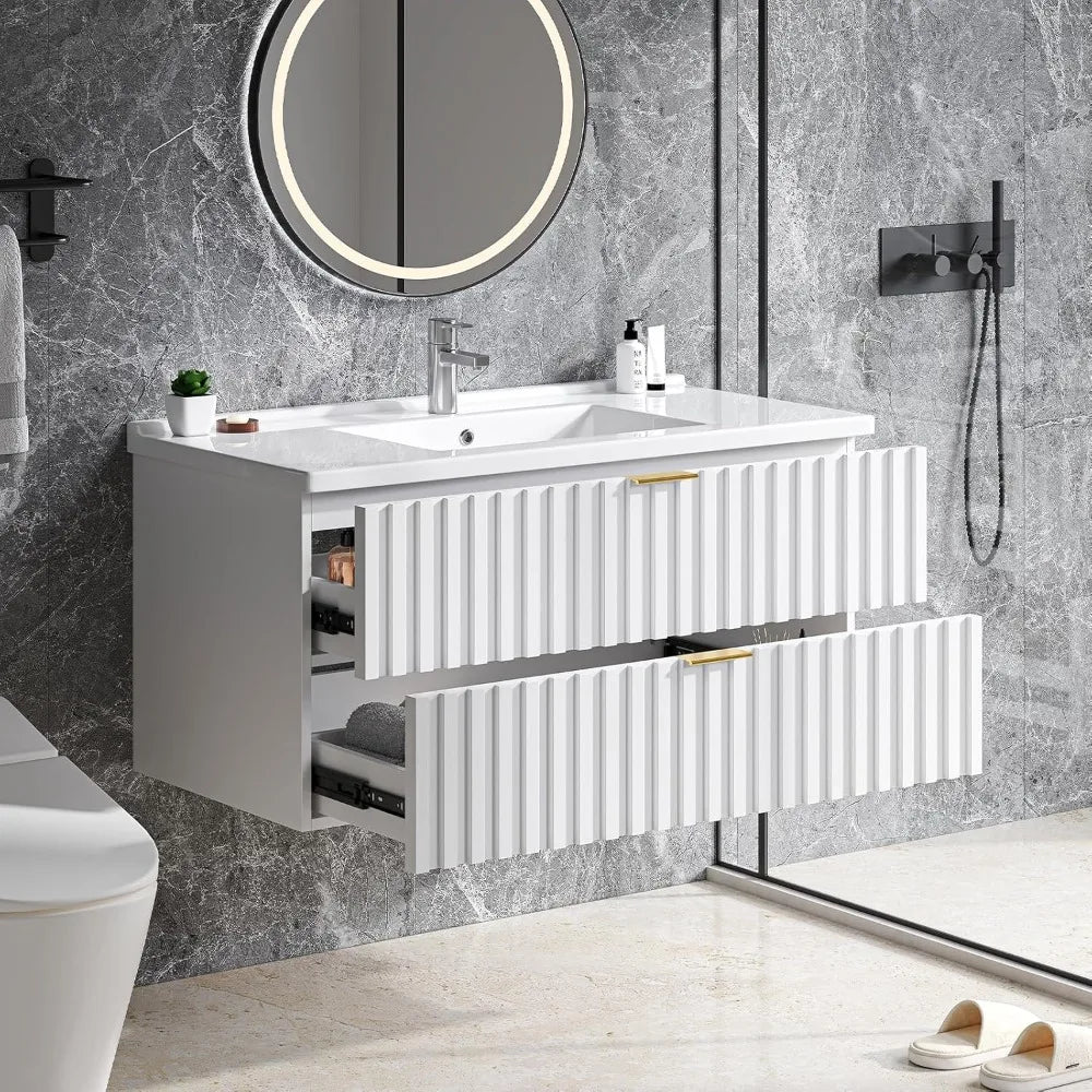 Floating Bathroom Vanity With Sink And Dual Fluted Drawers