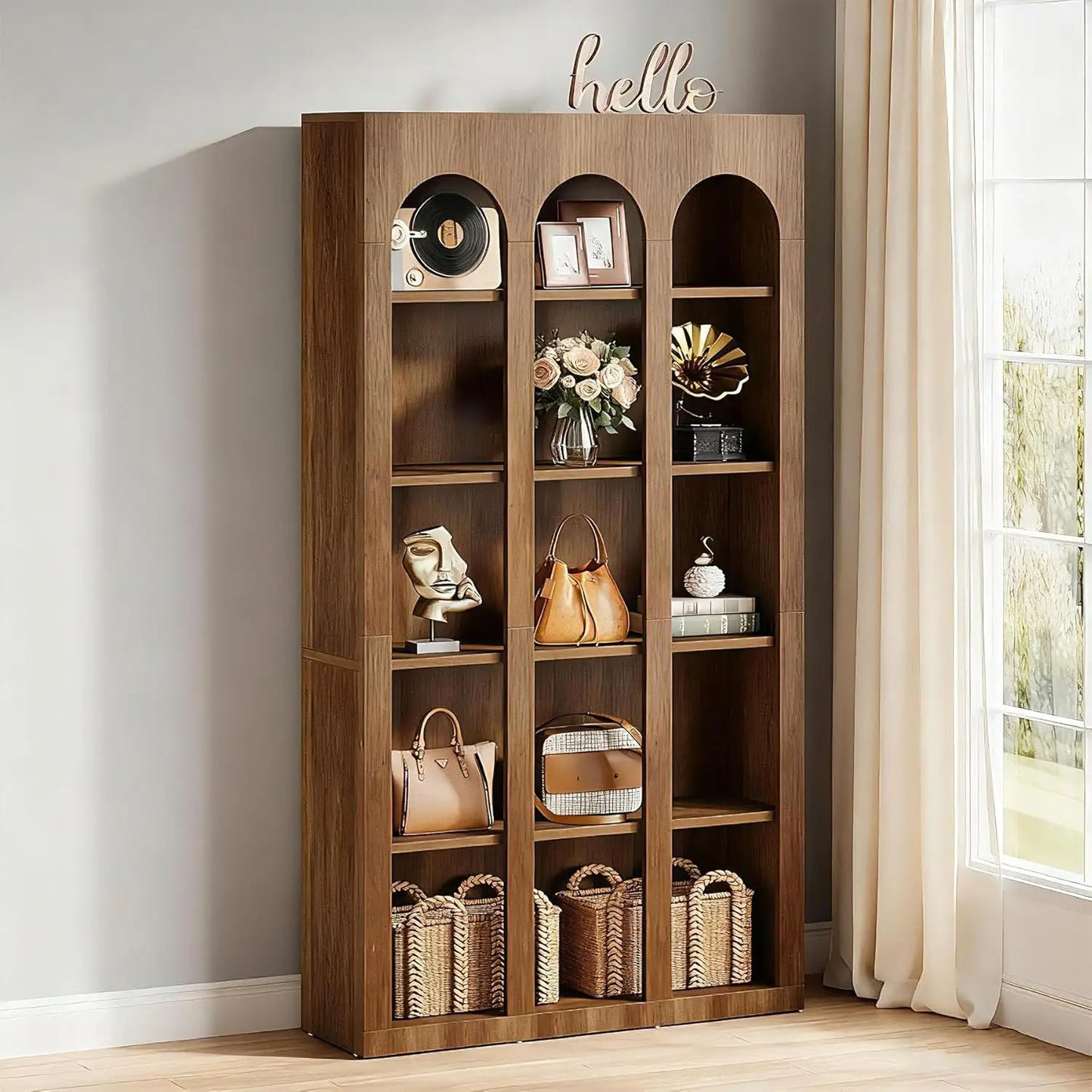 5-Tier Farmhouse Arched Bookshelf With Open Shelves