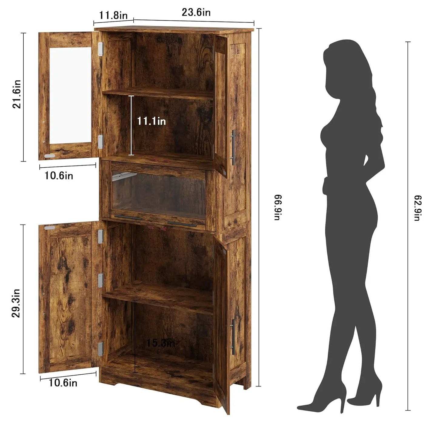 Freestanding Bathroom Cabinet With Glass Doors And Drawers