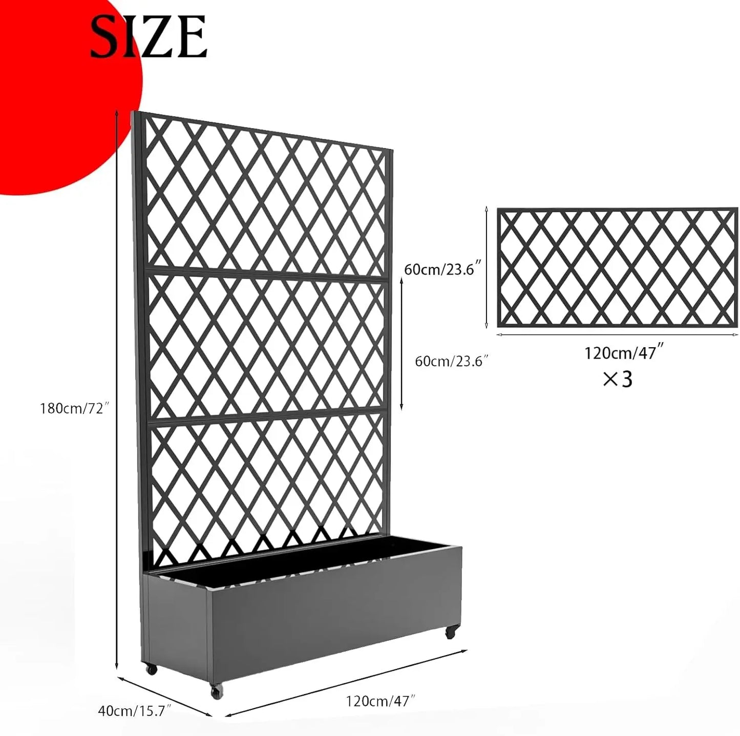 Metal Raised Garden Bed, 72" H x 47" W Privacy Planter Box with Trellis and Wheels, Hook, Freestanding Privacy Planter Box for C