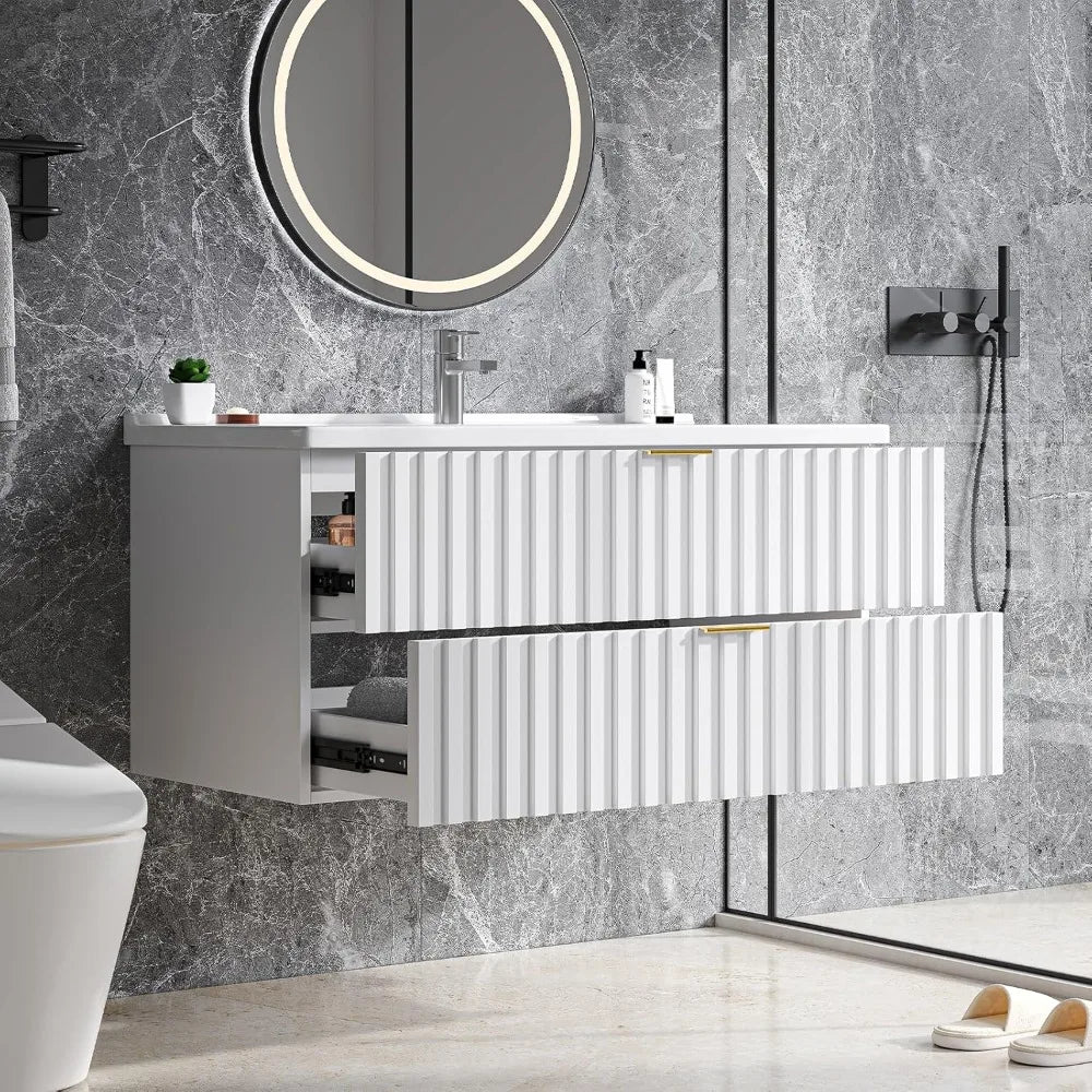 Floating Bathroom Vanity With Sink And Dual Fluted Drawers